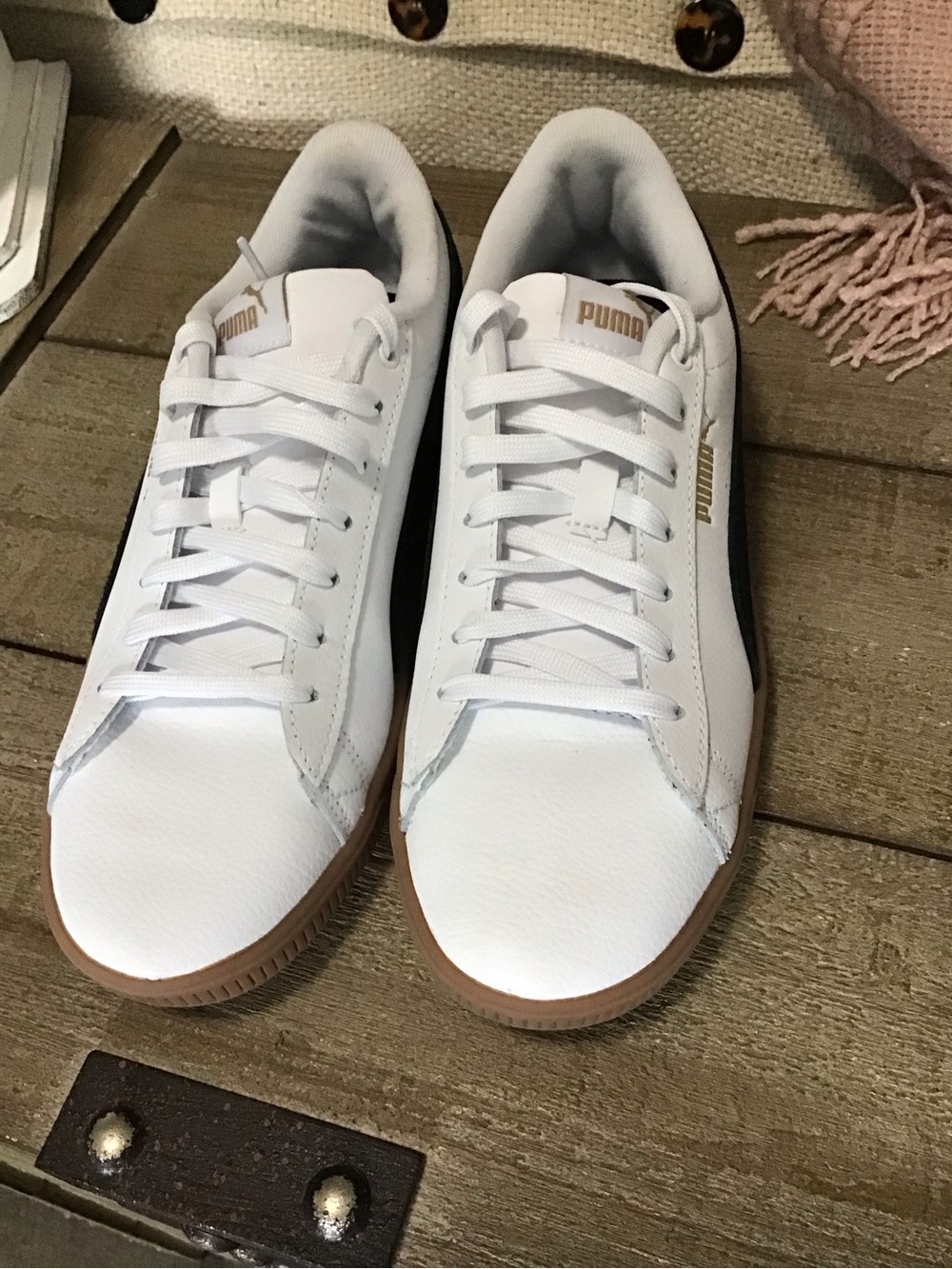 Puma White Leather Sneakers with Black Suede Stripe and Gum Outsole NWOB
